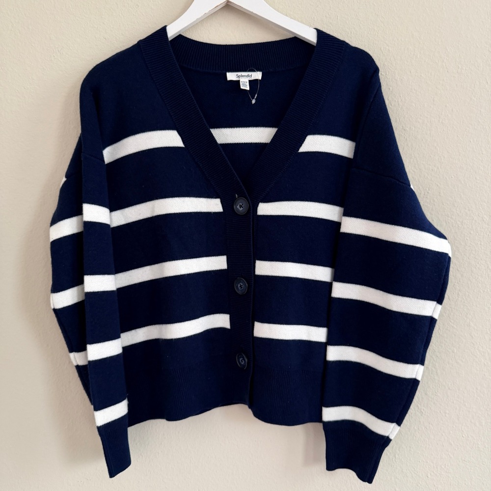 Splendid Lynn Cardigan Striped V-Neck Womens Medium M Navy Blue‎ White Cozy